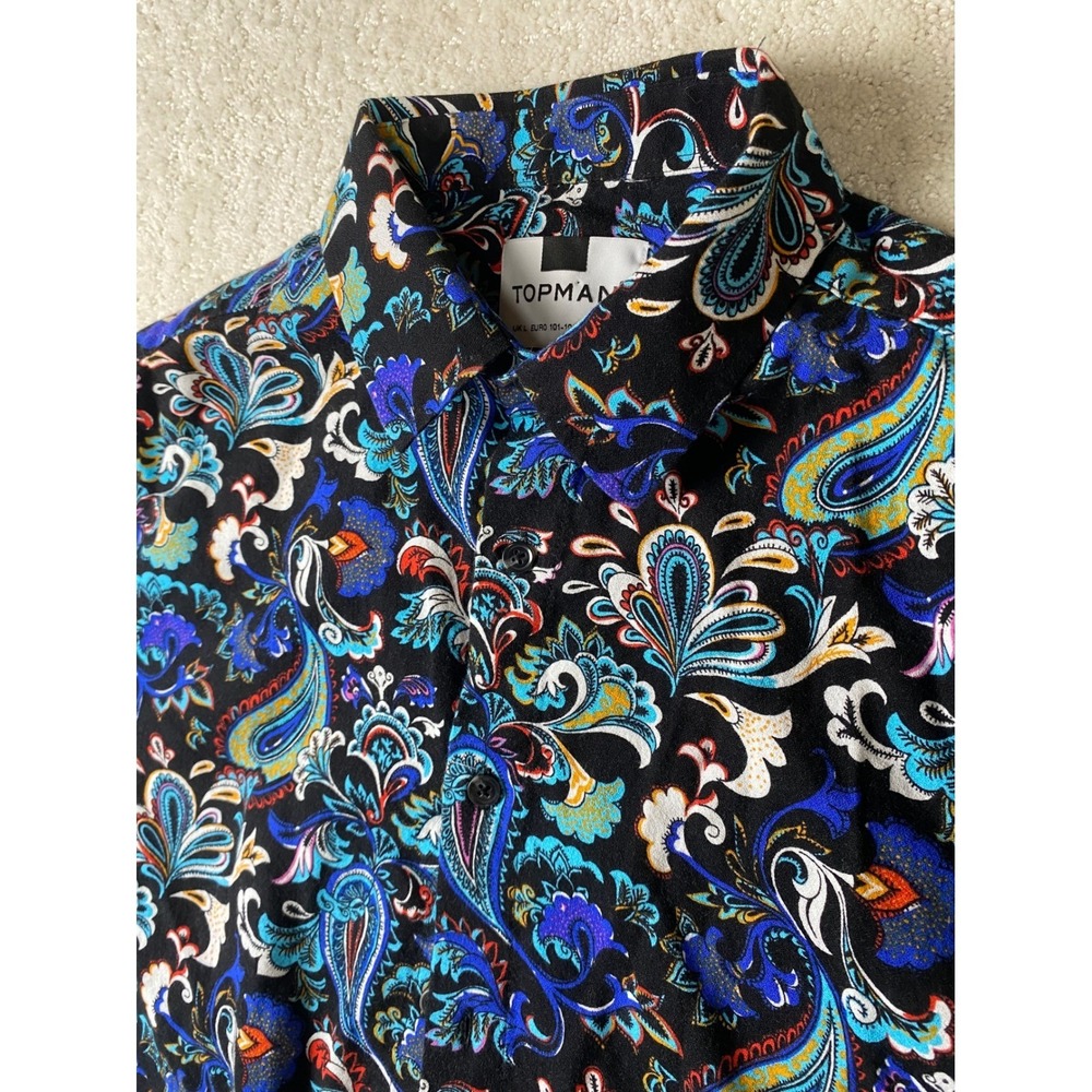 Topman Paisley Shirt Mens L Black Blue Short Sleeve Festival Boho Y2K NWOT